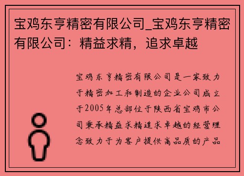 宝鸡东亨精密有限公司_宝鸡东亨精密有限公司：精益求精，追求卓越