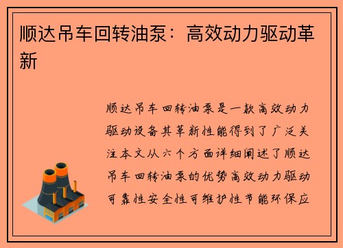 顺达吊车回转油泵：高效动力驱动革新